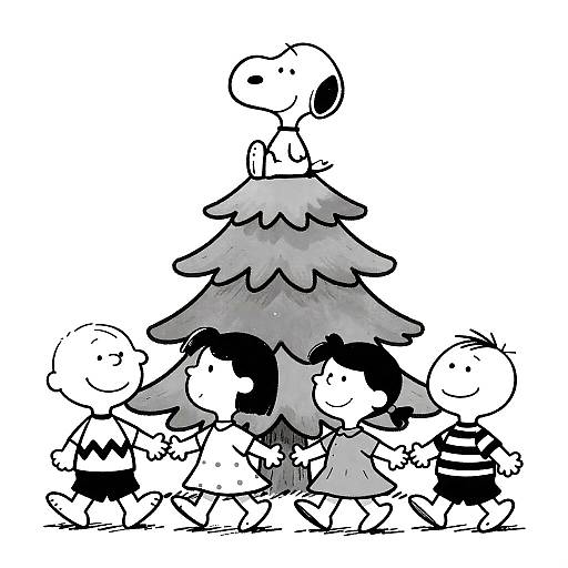 Whimsical Cartoon of Kids by Christmas Tree