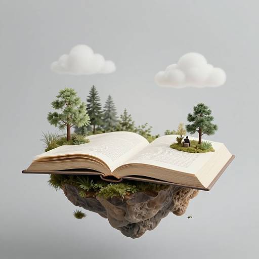 Photorealistic CGI: Open book with floating island, small pine trees, grass, and a tiny brown rabbit, set against a pale blue sky with