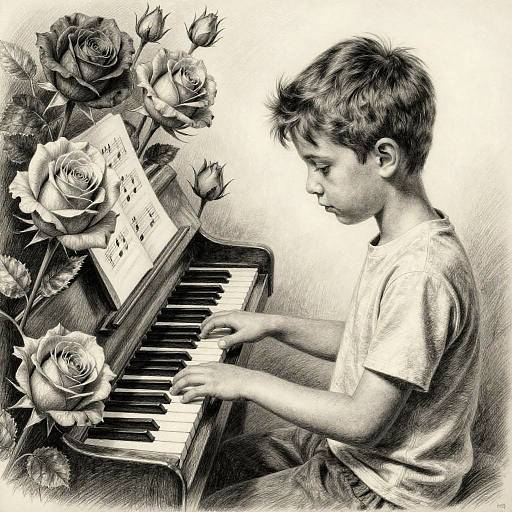 Surreal Pencil Drawing of Boy and Roses