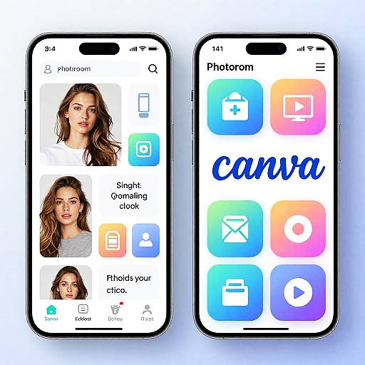 Photograph of two iPhones displaying the Camera app with a female face in the app and colorful app icons on the home screen.