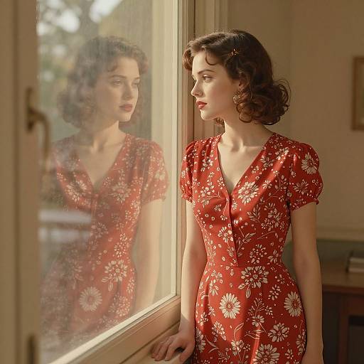 Photograph of a pale-skinned woman with short, curly brown hair, wearing a red floral dress, gazing out a sunlit window, reflected