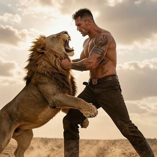 Photograph: Muscular, tattooed man in dark pants battles roaring lion in sunlit savanna, intense duel, dramatic sky, powerful stance,