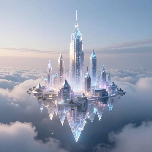 Photorealistic CGI of a futuristic city floating on clouds, featuring glowing blue-tipped skyscrapers, reflecting in a mirrored base, under a bright