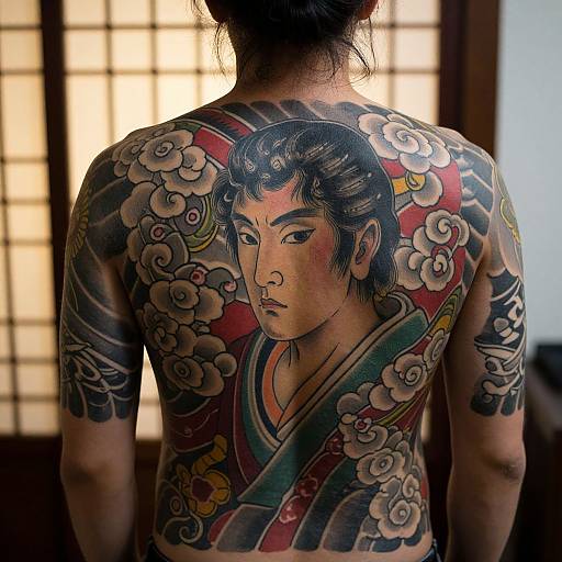 Photograph of a tattooed Asian man with detailed traditional Japanese-style back tattoo of a samurai woman surrounded by flowers.