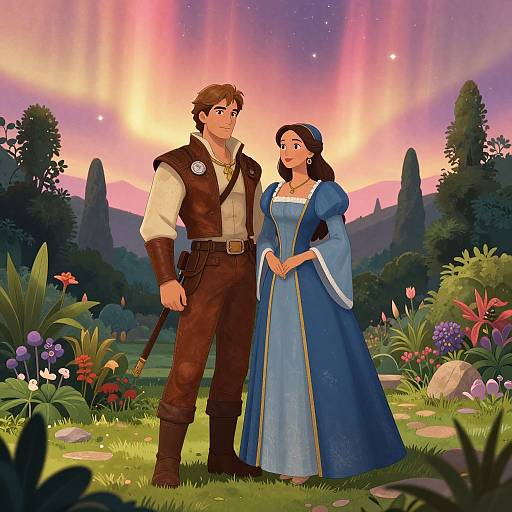 Digital illustration of a handsome man in brown leather vest and pants, standing with a beautiful woman in blue dress, against a colorful sunset garden backdrop.