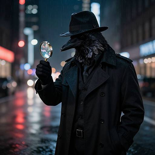 Photograph of a mysterious, wolf-masked figure in a dark trench coat and hat, holding a crystal ball on a rainy, neon-lit city