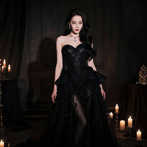 Gothic-style photograph of a pale, dark-haired woman in a strapless, black, sequined gown, standing in a dimly lit room