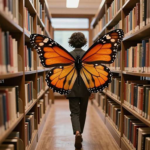 Photograph of a person with short curly hair, wearing black clothes, walking away in a library aisle, with large orange and black butterfly wings.