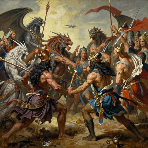 Vivid oil painting of a fierce battle between muscular, armored warriors with dragon heads, wielding spears, in a chaotic, cloudy sky.