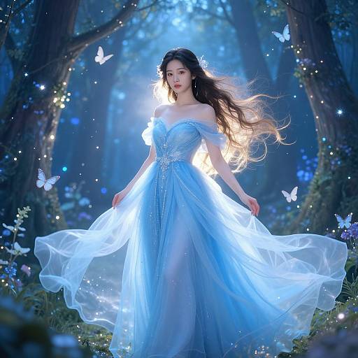 Digital artwork: Ethereal Asian woman with long black hair in a glowing blue off-shoulder gown, surrounded by luminescent butterflies, standing in