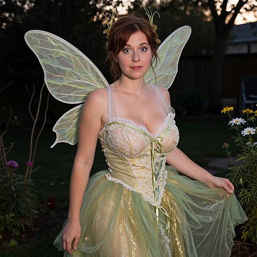 Photograph of a fair-skinned woman with brown hair, wearing a yellow fairy costume with lace corset, translucent wings, and green tulle skirt