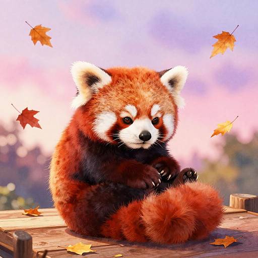 Cute digital illustration of a fluffy red panda with white facial markings, sitting on a wooden platform, surrounded by falling autumn leaves, against a soft past