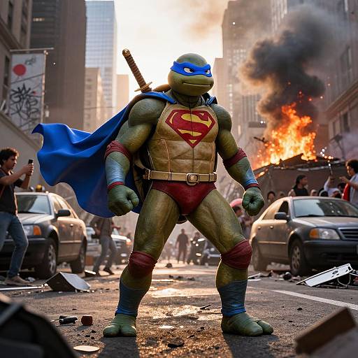Photograph of a muscular green turtle superhero with blue mask, red briefs, and blue cape, standing amidst a chaotic city street with fire, smoke