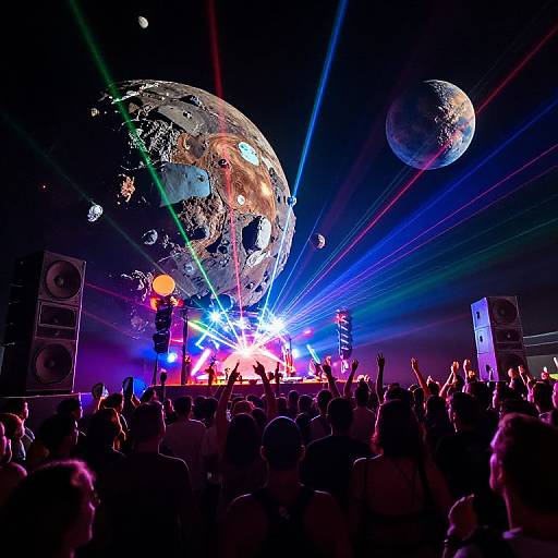 Photograph of a vibrant rave with a giant, illuminated disco ball in the dark sky, colorful laser beams, and a crowd raising hands in front of