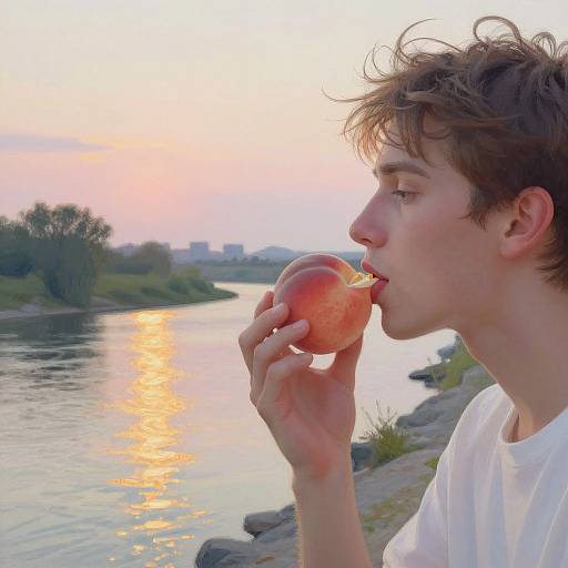 Man Eating Peach by Riverside