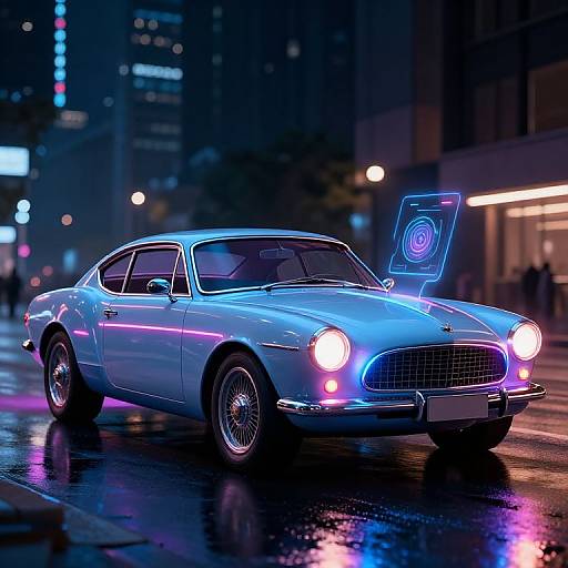 Neon-lit, futuristic blue vintage car with holographic spiral display on dashboard, parked on a wet, reflective city street at night.