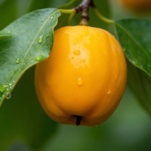 Close-up photograph of a vibrant orange citrus fruit with water droplets on its smooth skin, surrounded by green leaves.