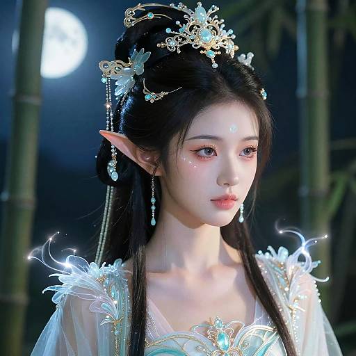 Luminous Asian Elf in Moonlit Grove
