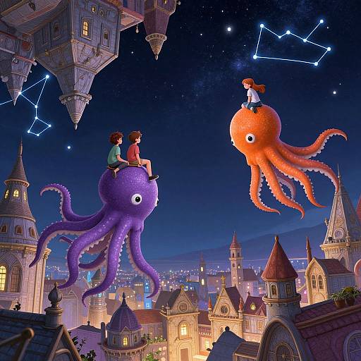 Digital illustration: Two children, one on a purple octopus, one on an orange octopus, ride above a magical, starlit cityscape with