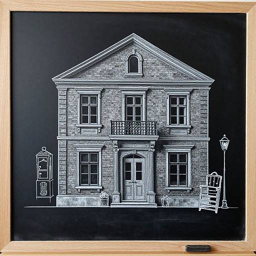 Detailed chalk drawing of a two-story brick house with white trim, balcony, front door, and surrounding furniture, framed in wood.
