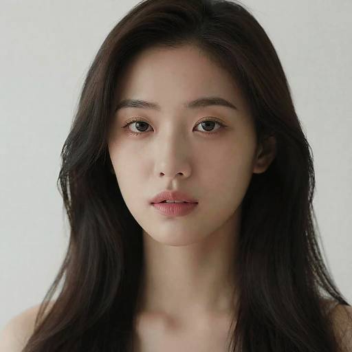 Photograph of a young Asian woman with long, straight black hair, light skin, and brown eyes, looking directly at the camera against a plain white