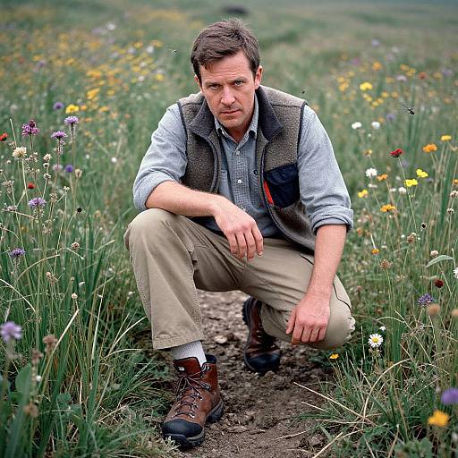 Photograph of a middle-aged man with short brown hair, wearing a gray vest, light blue shirt, beige pants, and brown boots, crou