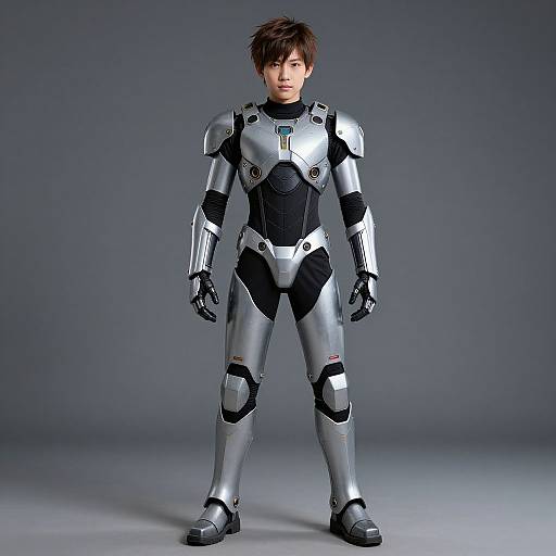 Photorealistic CGI of a young man in silver and black futuristic armor, standing confidently against a gray studio background.
