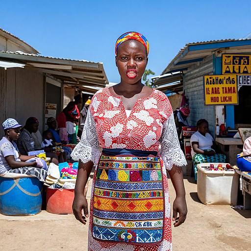 Photograph of an African woman with dark skin, wearing a colorful, patterned dress and headscarf, standing in a vibrant market stall area under