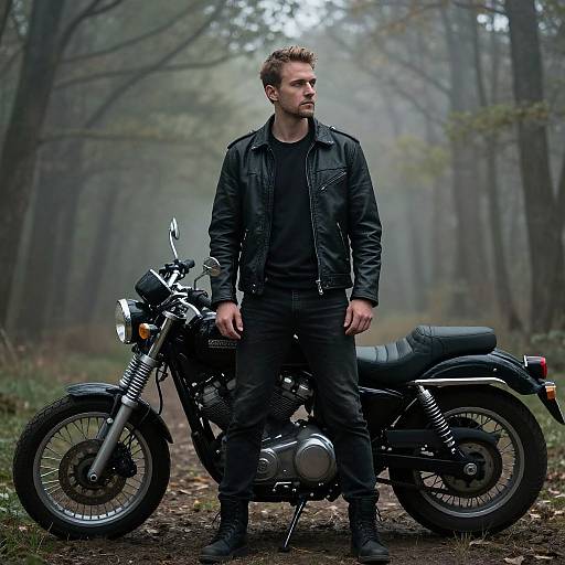 Photograph of a bearded man with short brown hair in black leather jacket and jeans, standing beside a black motorcycle in a misty forest.