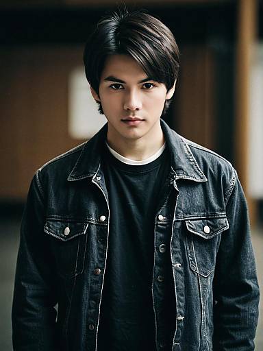 Photograph of a young Asian man with short black hair, wearing a black shirt and dark denim jacket, standing against a blurred indoor background.