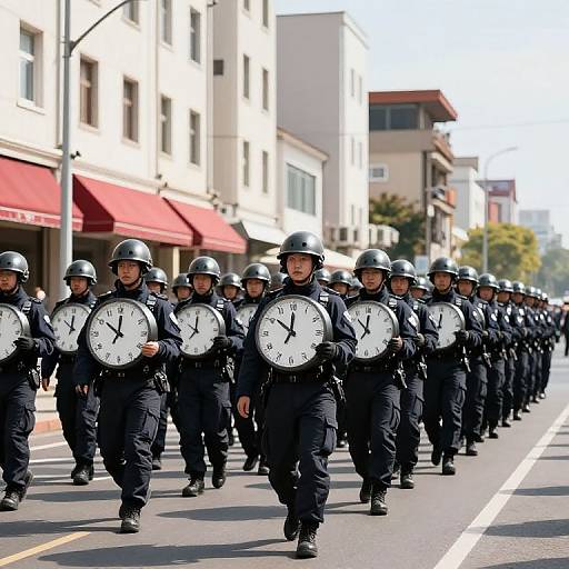 Photograph of a parade featuring a line of uniformed police officers in black gear and helmets, each holding a large, round clock face, marching down