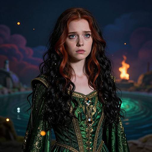 Photograph of a fair-skinned, red-haired young woman with blue eyes, wearing a green, gold-embroidered medieval gown, standing in