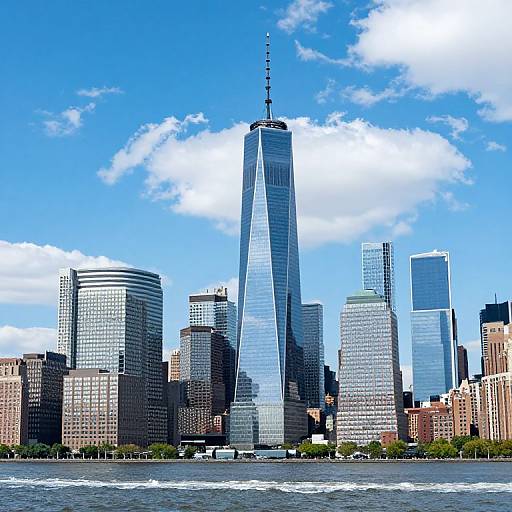 Photograph of the New York City skyline with the One World Trade Center prominently rising above other skyscrapers under a bright blue sky with white clouds,