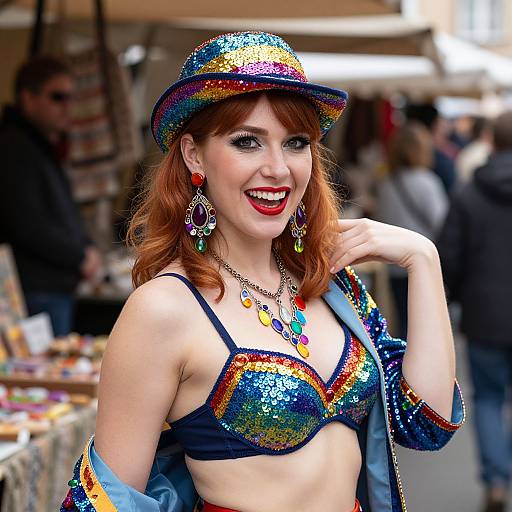 Cheerful Woman in Colorful Market