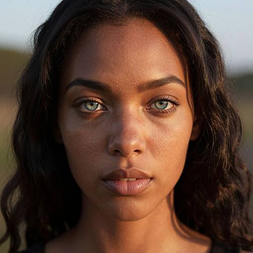 Close-up photograph of a young Black woman with striking blue eyes, dark wavy hair, and smooth, glowing brown skin, looking directly at the camera