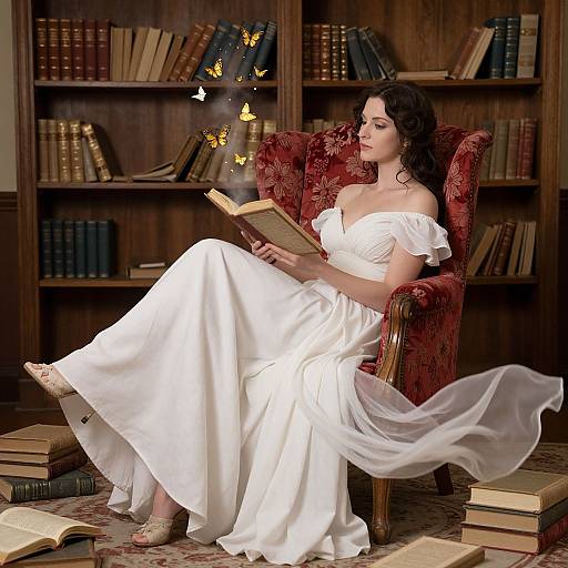 Photograph of a fair-skinned woman with dark curly hair, wearing a white off-shoulder dress, reading a book in a red armchair