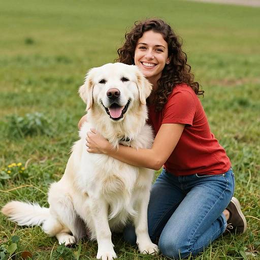 Photograph of a smiling curly-haired woman in a red shirt and blue jeans kneeling on grass, hugging a happy white Golden Retriever.