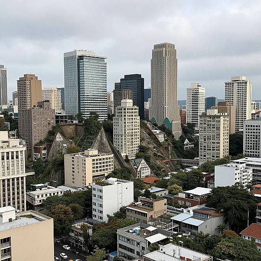 Photograph of a cityscape featuring a mix of modern high-rise buildings and older, triangular-roofed structures, set against a cloudy sky. Urban