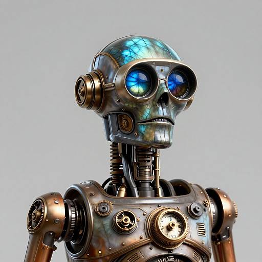 Photorealistic CGI of a metallic robot with a shiny blue-hued skull, large reflective eyes, and intricate brass-like joints against a light gray background