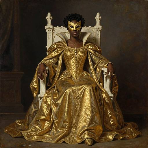 Masked Black Queen in Gold Gothic Robes