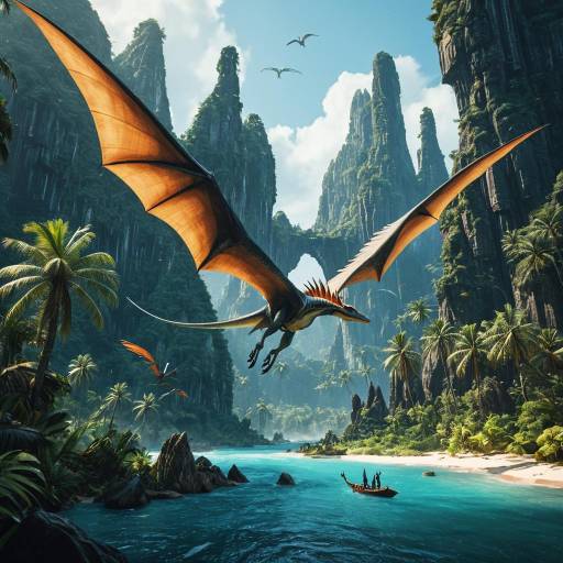 Gliding Pterosaur-Like Creatures Over Tropical Prehistoric Landscape Gliding Pterosaur-Like Creatures Over Tropical Prehistoric Landscape