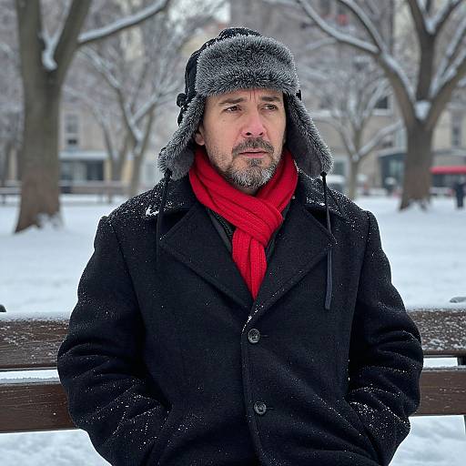 Photograph of a middle-aged man with gray beard, wearing a black coat, red scarf, and gray fur hat, sitting on a snow-covered bench