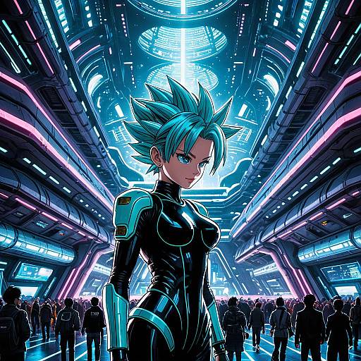 Futuristic Anime Character in Neon-Lit Spaceport