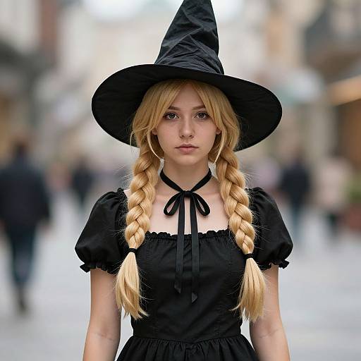 Photograph of a young woman with long blonde braids, wearing a black witch hat and dress, standing in a blurred, urban street.