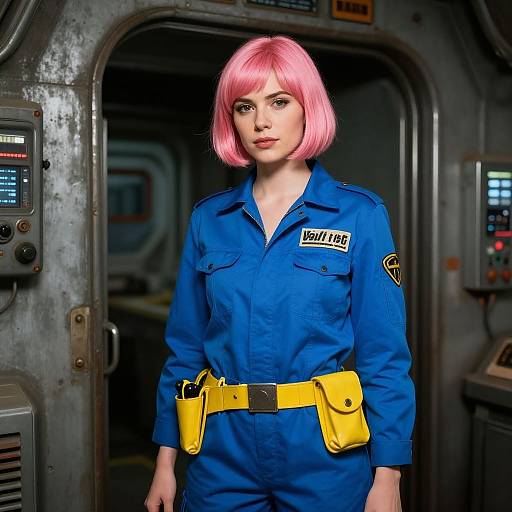 Photograph of a fair-skinned woman with pink bob haircut, wearing a blue jumpsuit labeled 