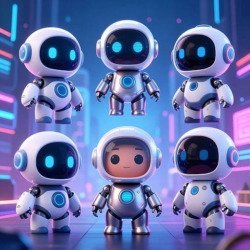 Photorealistic CGI of six cute, chibi-style, white robotic dolls with glowing blue eyes and accents, standing in a neon-lit futuristic background