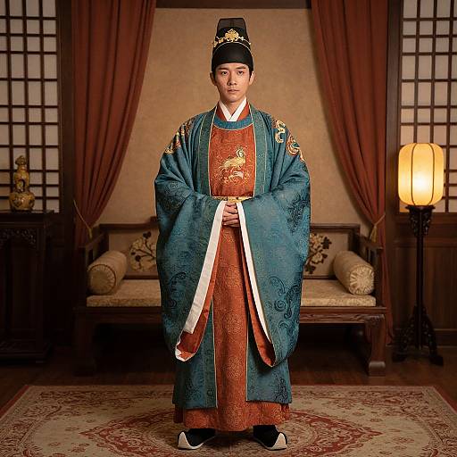 Photograph of a man in traditional Korean royal attire, teal embroidered robe, red patterned inner garment, black hat with gold embellishment, standing in