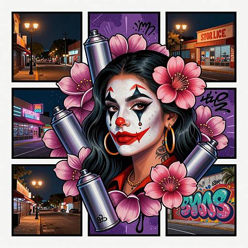 Dynamic Chicano Mural with Clown Makeup