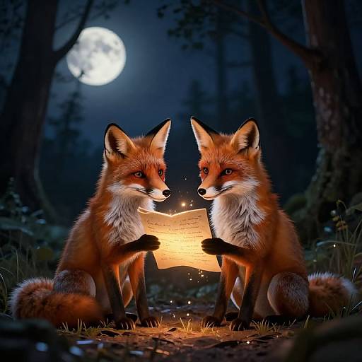 Digital artwork of two red foxes sitting in a dark forest, holding a glowing, orange wooden piece, under a bright full moon.