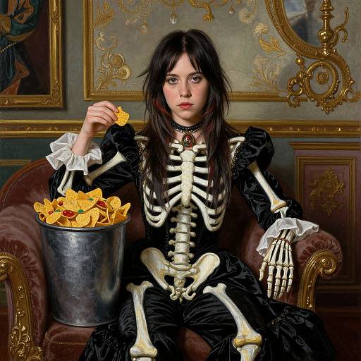 Photograph of a young woman with pale skin and dark hair, dressed in a black, skeleton-themed Victorian dress, holding a handful of orange chips from